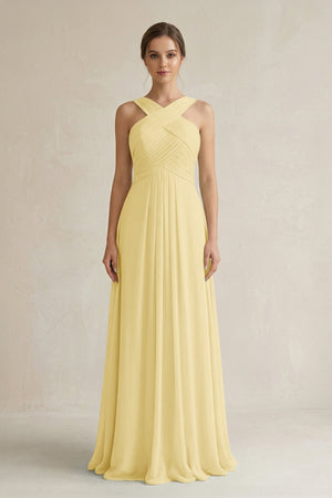 Cross Halter Chiffon A - Line Pleated Bridesmaid Dress in Pastel Yellow - SHE IS ME Bridesmaid Dresses
