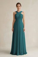 Cross Halter Chiffon A - Line Pleated Bridesmaid Dress in Pine - SHE IS ME Bridesmaid Dresses