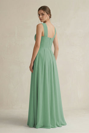 Cross Halter Chiffon A - Line Pleated Bridesmaid Dress in Sea Glass - SHE IS ME Bridesmaid Dresses