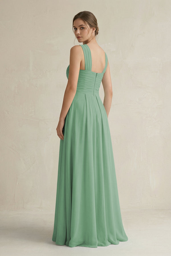 Cross Halter Chiffon A - Line Pleated Bridesmaid Dress in Sea Glass - SHE IS ME Bridesmaid Dresses