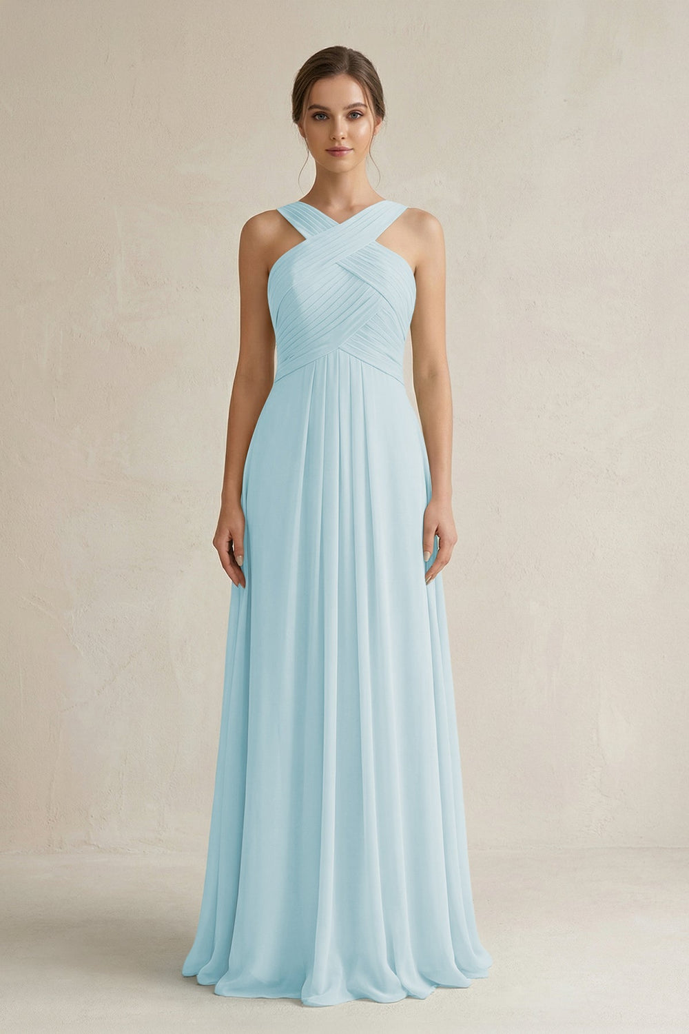 Cross Halter Chiffon A - Line Pleated Bridesmaid Dress in Sky Blue - SHE IS ME Bridesmaid Dresses