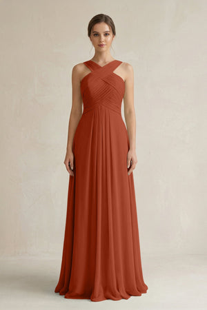 Cross Halter Chiffon A - Line Pleated Bridesmaid Dress in Spice - SHE IS ME Bridesmaid Dresses