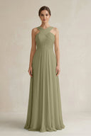 Cross Halter Chiffon A - Line Pleated Bridesmaid Dress in Thyme - SHE IS ME Bridesmaid Dresses