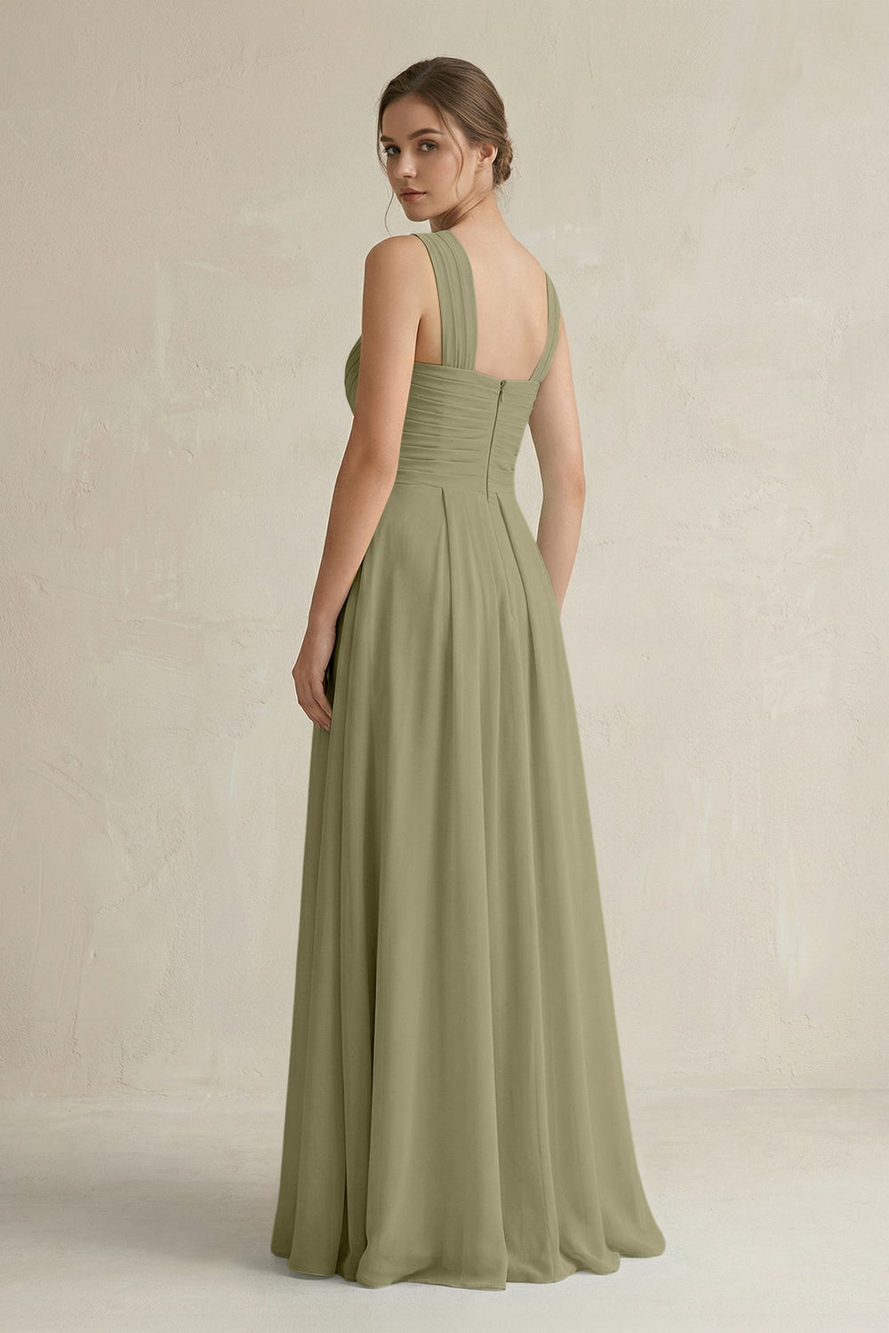 Cross Halter Chiffon A - Line Pleated Bridesmaid Dress in Thyme - SHE IS ME Bridesmaid Dresses