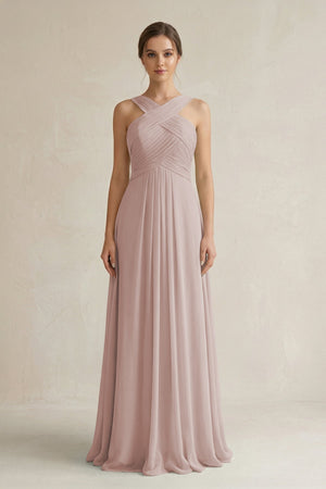 Cross Halter Chiffon A - Line Pleated Bridesmaid Dress in Toffee - SHE IS ME Bridesmaid Dresses