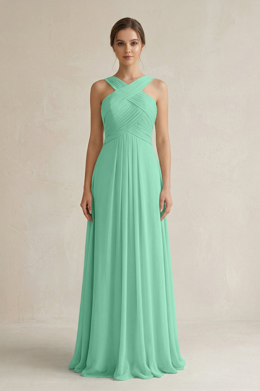 Cross Halter Chiffon A - Line Pleated Bridesmaid Dress in Turquoise - SHE IS ME Bridesmaid Dresses