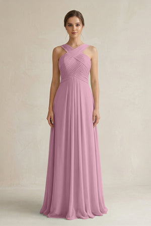 Cross Halter Chiffon A - Line Pleated Bridesmaid Dress in Vintage Mauve - SHE IS ME Bridesmaid Dresses