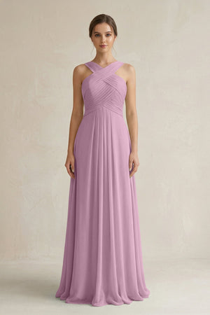 Cross Halter Chiffon A - Line Pleated Bridesmaid Dress in Wisteria - SHE IS ME Bridesmaid Dresses