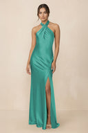 Cross Halter Sheath Bridesmaid Dress With Slit in Sea Glass - SHE IS ME Bridesmaid Dresses