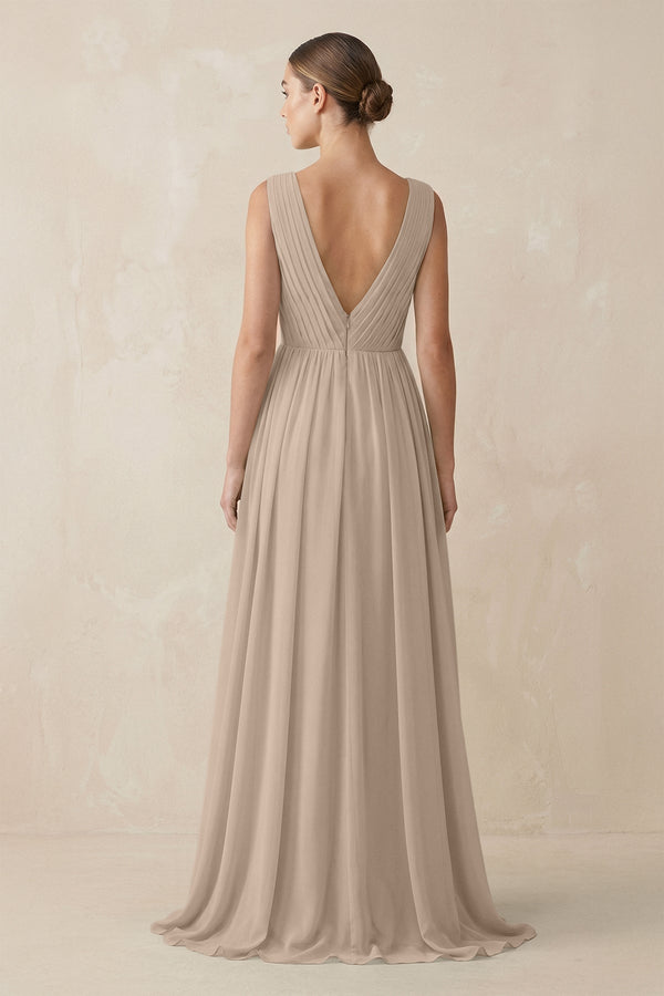 Deep V - Neck Pleated A - Line Chiffon Bridesmaid Dress in Almond - SHE IS ME Bridesmaid Dresses