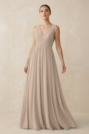 Deep V - Neck Pleated A - Line Chiffon Bridesmaid Dress in Almond - SHE IS ME Bridesmaid Dresses