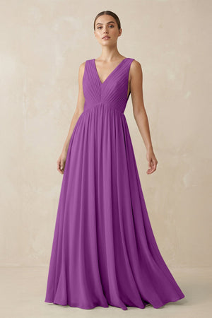 Deep V - Neck Pleated A - Line Chiffon Bridesmaid Dress in Amethyst - SHE IS ME Bridesmaid Dresses