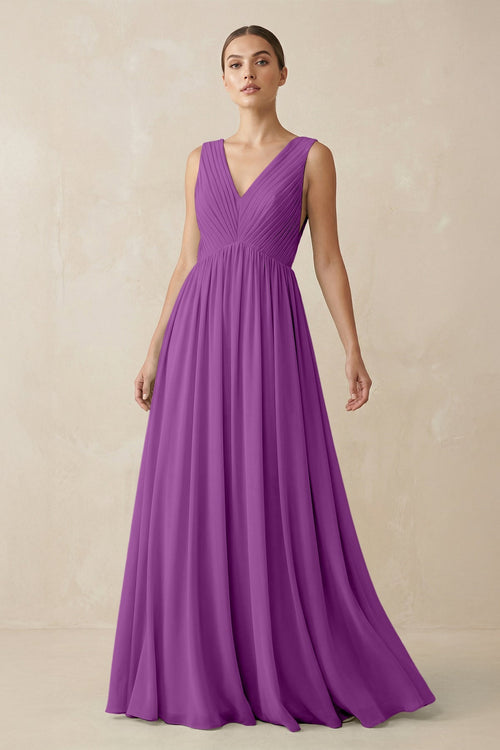 Deep V - Neck Pleated A - Line Chiffon Bridesmaid Dress in Amethyst - SHE IS ME Bridesmaid Dresses