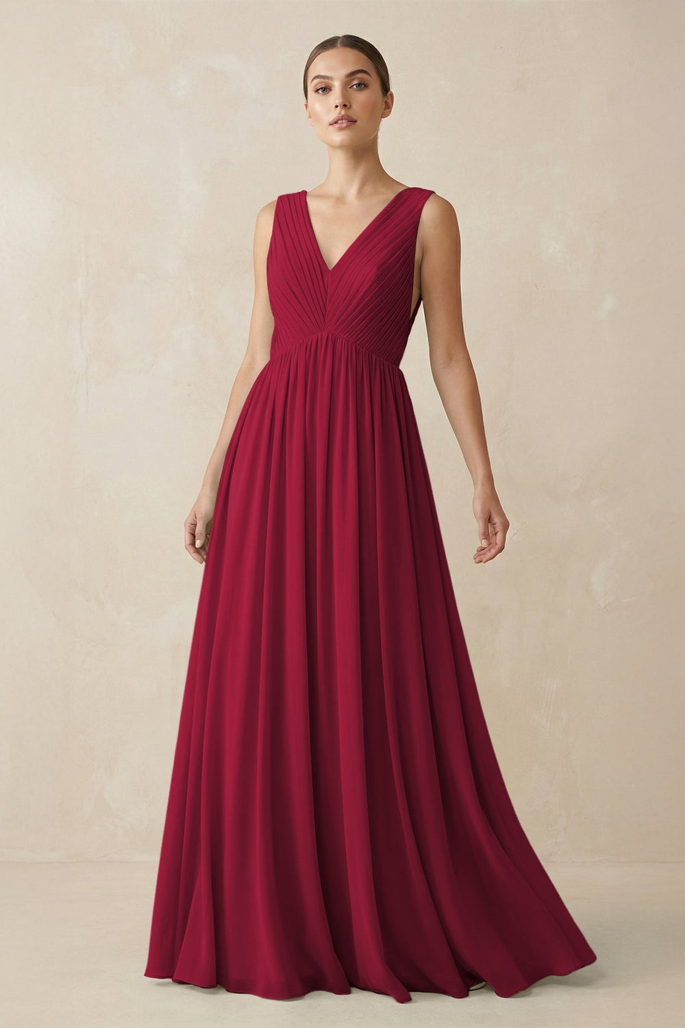 Deep V - Neck Pleated A - Line Chiffon Bridesmaid Dress in Berry - SHE IS ME Bridesmaid Dresses