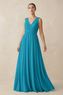 Deep V - Neck Pleated A - Line Chiffon Bridesmaid Dress in Blue Jay - SHE IS ME Bridesmaid Dresses