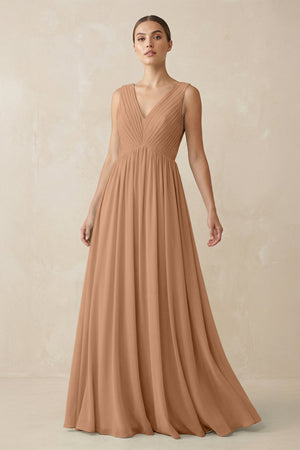 Deep V - Neck Pleated A - Line Chiffon Bridesmaid Dress in Bronzer - SHE IS ME Bridesmaid Dresses