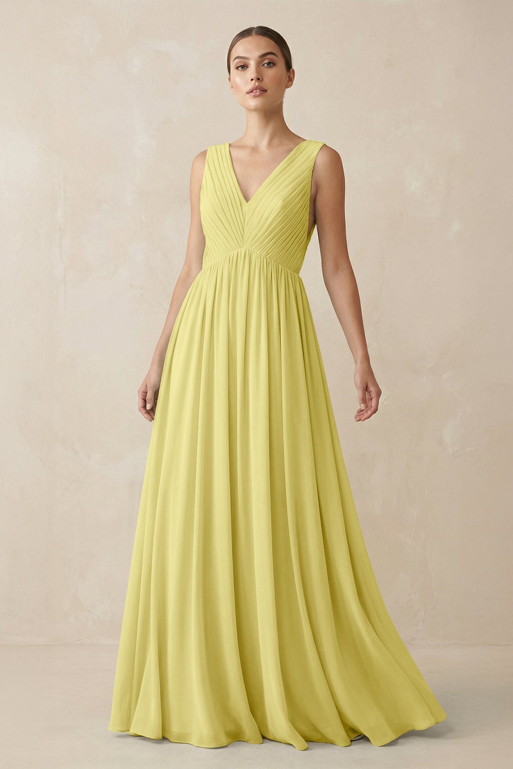 Deep V - Neck Pleated A - Line Chiffon Bridesmaid Dress in Buttercup - SHE IS ME Bridesmaid Dresses