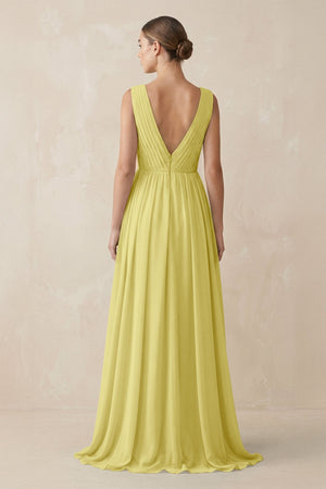 Deep V - Neck Pleated A - Line Chiffon Bridesmaid Dress in Buttercup - SHE IS ME Bridesmaid Dresses