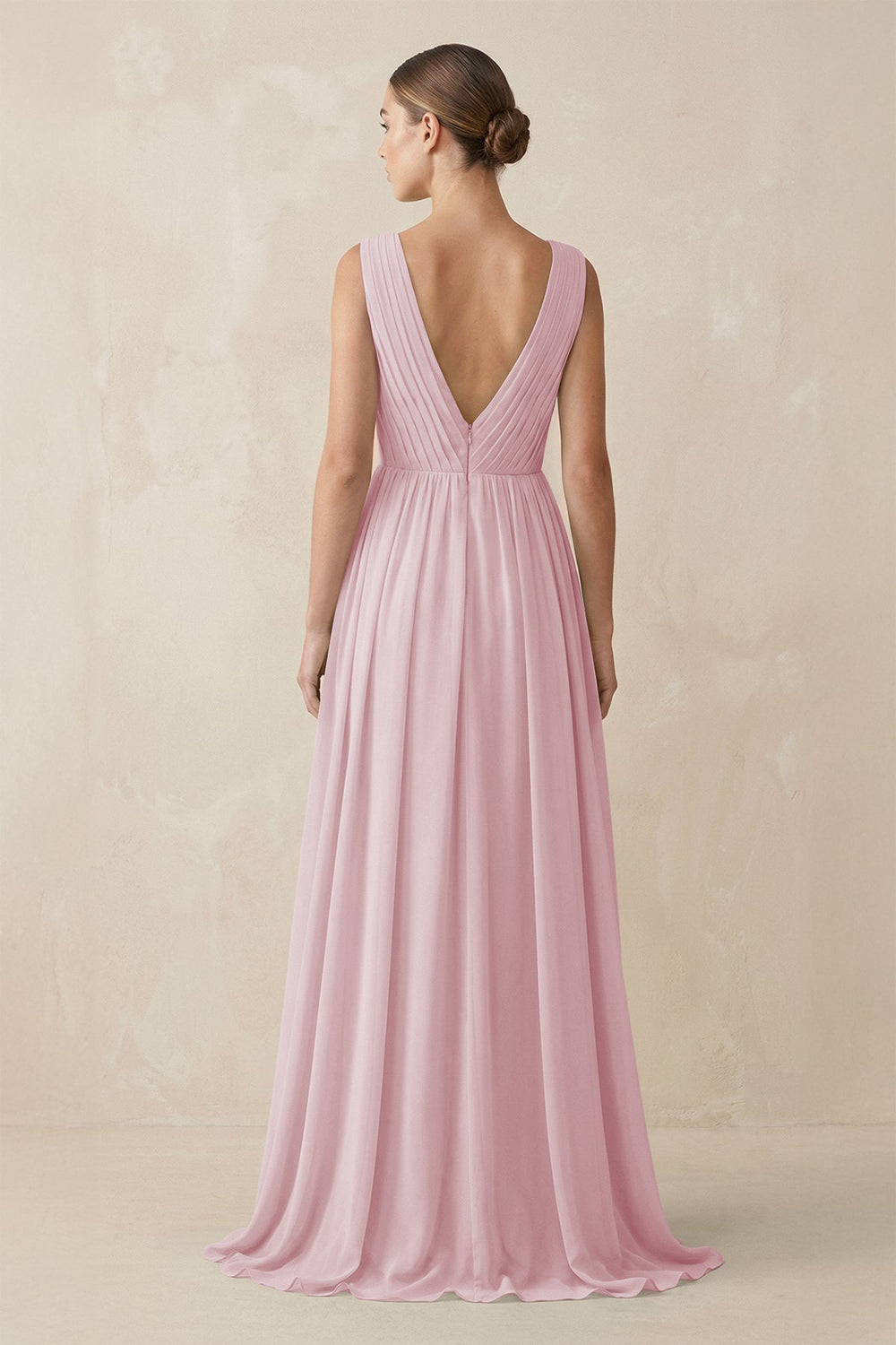 Deep V - Neck Pleated A - Line Chiffon Bridesmaid Dress in Candy Pink - SHE IS ME Bridesmaid Dresses