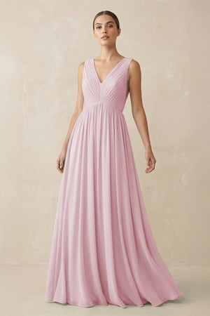Deep V - Neck Pleated A - Line Chiffon Bridesmaid Dress in Candy Pink - SHE IS ME Bridesmaid Dresses
