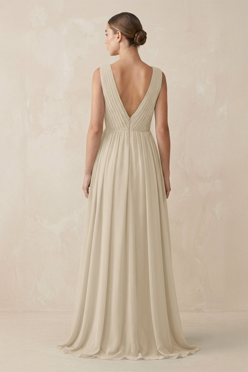 Deep V - Neck Pleated A - Line Chiffon Bridesmaid Dress in Champagne - SHE IS ME Bridesmaid Dresses
