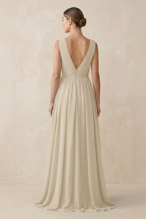 Deep V - Neck Pleated A - Line Chiffon Bridesmaid Dress in Champagne - SHE IS ME Bridesmaid Dresses