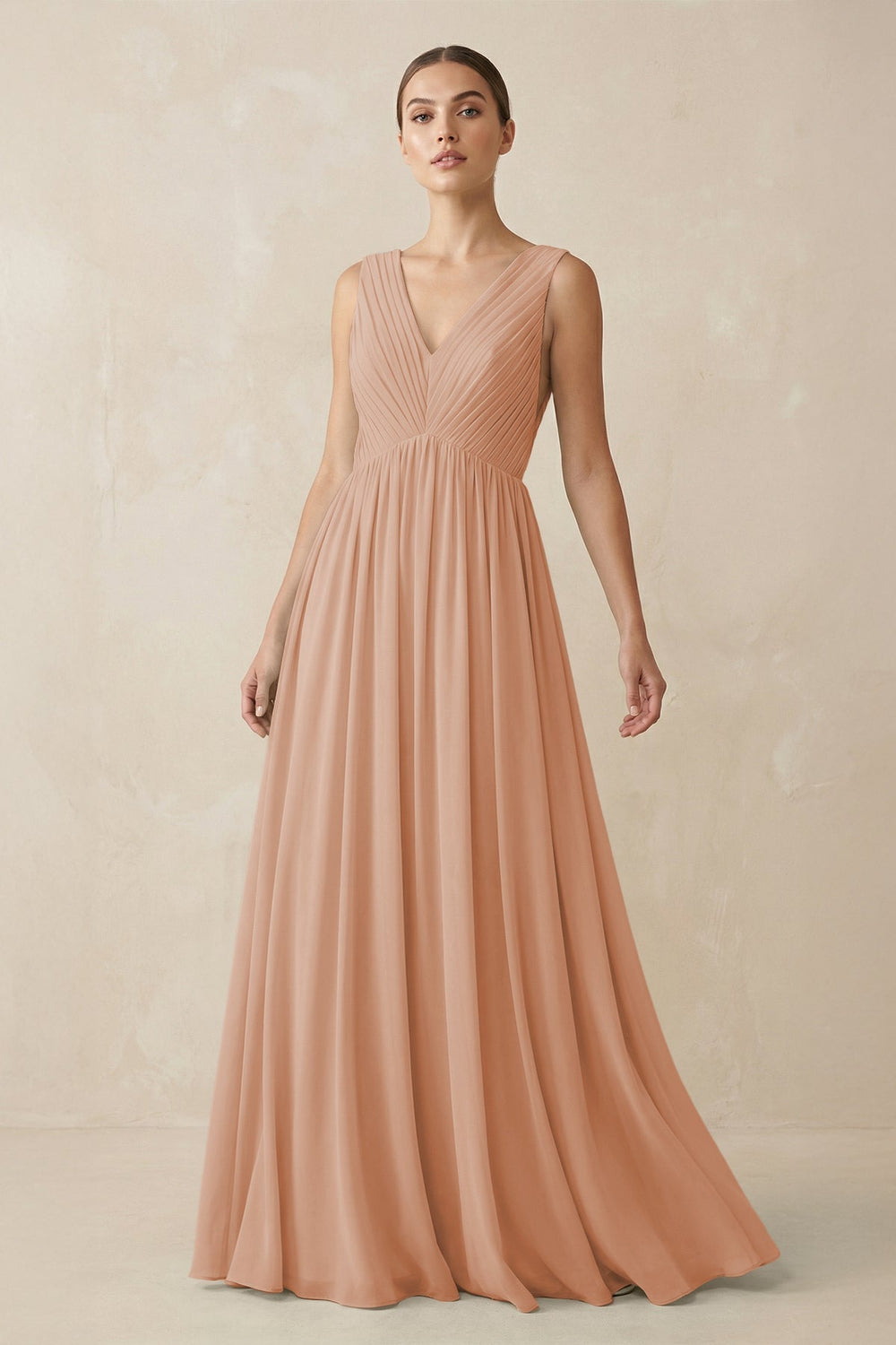 Deep V - Neck Pleated A - Line Chiffon Bridesmaid Dress in Champagne Rose - SHE IS ME Bridesmaid Dresses
