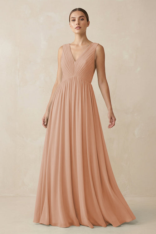 Deep V - Neck Pleated A - Line Chiffon Bridesmaid Dress in Champagne Rose - SHE IS ME Bridesmaid Dresses