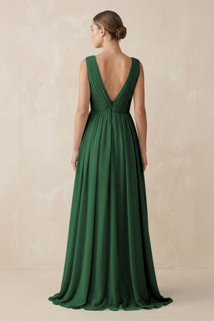 Deep V - Neck Pleated A - Line Chiffon Bridesmaid Dress in Dark Green - SHE IS ME Bridesmaid Dresses
