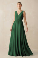 Deep V - Neck Pleated A - Line Chiffon Bridesmaid Dress in Dark Green - SHE IS ME Bridesmaid Dresses