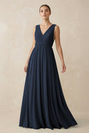 Deep V - Neck Pleated A - Line Chiffon Bridesmaid Dress in Dark Navy - SHE IS ME Bridesmaid Dresses