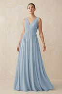 Deep V - Neck Pleated A - Line Chiffon Bridesmaid Dress in Dusty Blue - SHE IS ME Bridesmaid Dresses