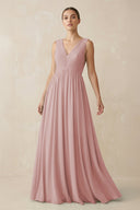Deep V - Neck Pleated A - Line Chiffon Bridesmaid Dress in Dusty Rose - SHE IS ME Bridesmaid Dresses
