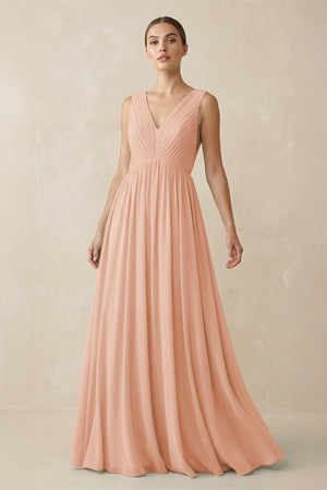 Deep V - Neck Pleated A - Line Chiffon Bridesmaid Dress in English Rose - SHE IS ME Bridesmaid Dresses