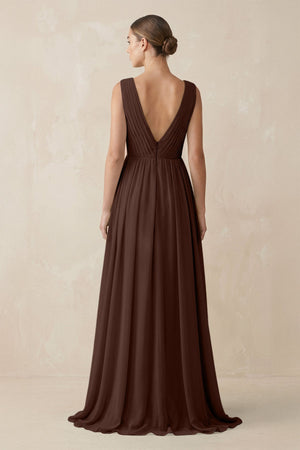 Deep V - Neck Pleated A - Line Chiffon Bridesmaid Dress in Espresso - SHE IS ME Bridesmaid Dresses