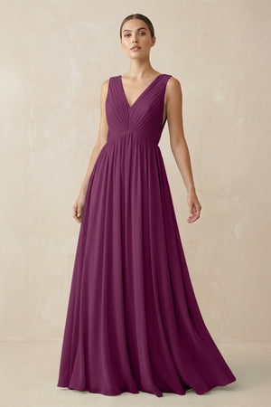 Deep V - Neck Pleated A - Line Chiffon Bridesmaid Dress in Fig - SHE IS ME Bridesmaid Dresses