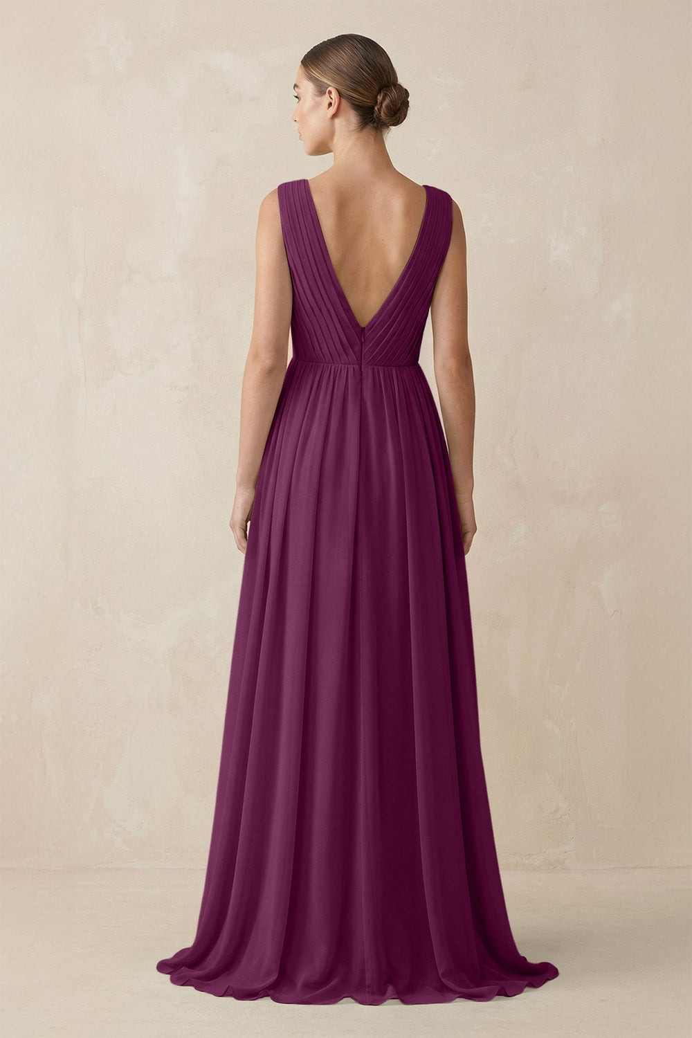 Deep V - Neck Pleated A - Line Chiffon Bridesmaid Dress in Fig - SHE IS ME Bridesmaid Dresses