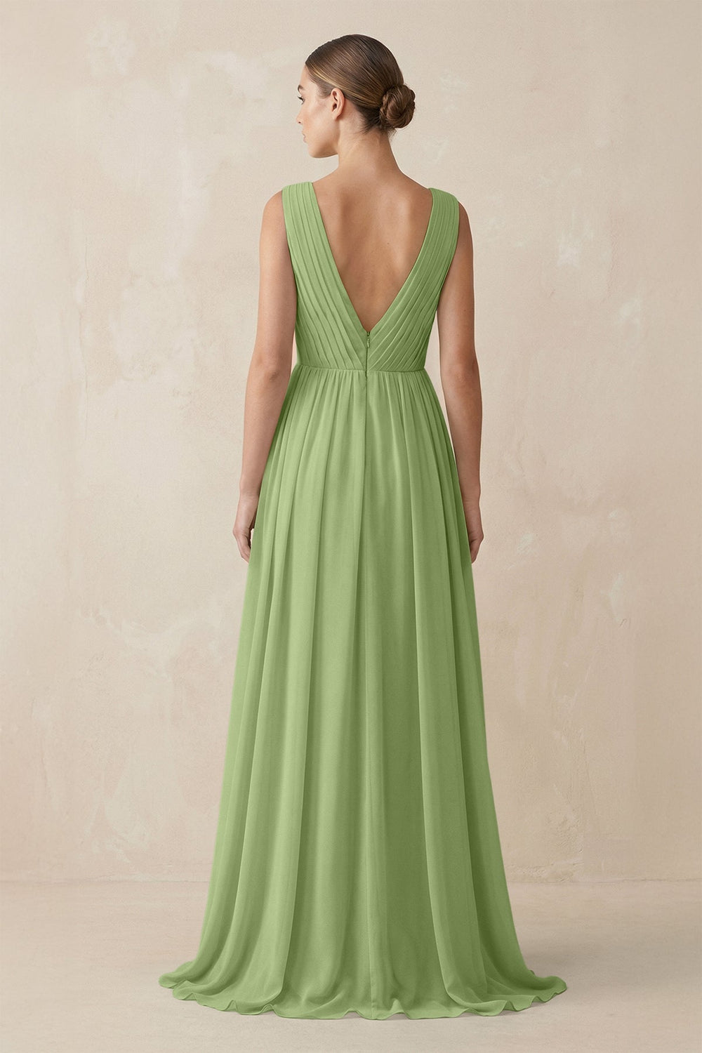 Deep V - Neck Pleated A - Line Chiffon Bridesmaid Dress in Matcha - SHE IS ME Bridesmaid Dresses