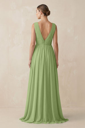 Deep V - Neck Pleated A - Line Chiffon Bridesmaid Dress in Matcha - SHE IS ME Bridesmaid Dresses