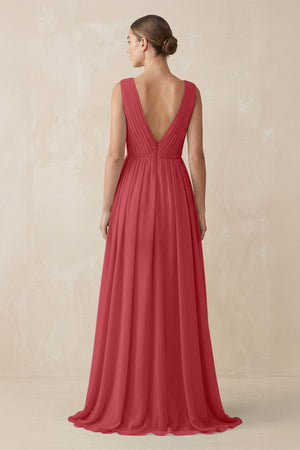 Deep V - Neck Pleated A - Line Chiffon Bridesmaid Dress in Merlot - SHE IS ME Bridesmaid Dresses