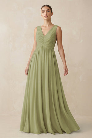 Deep V - Neck Pleated A - Line Chiffon Bridesmaid Dress in Moss Green - SHE IS ME Bridesmaid Dresses