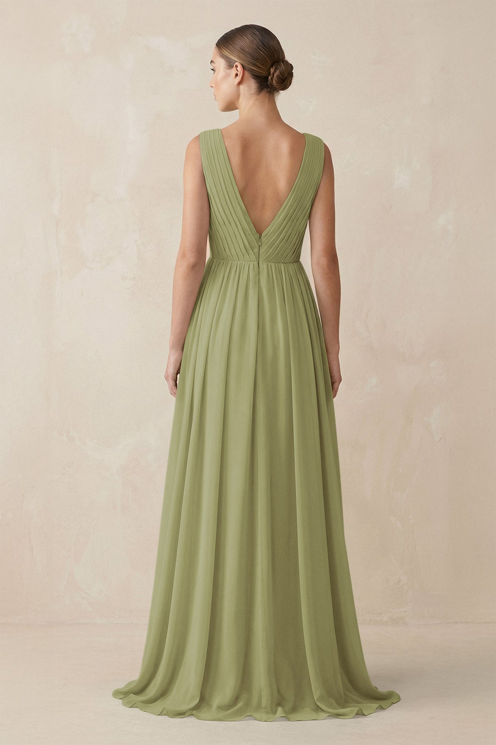 Deep V - Neck Pleated A - Line Chiffon Bridesmaid Dress in Moss Green - SHE IS ME Bridesmaid Dresses