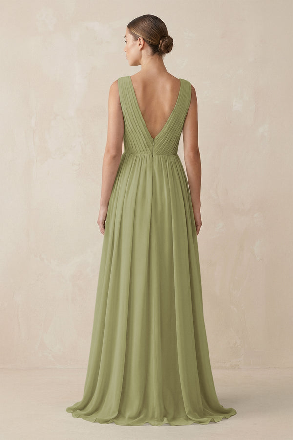 Deep V - Neck Pleated A - Line Chiffon Bridesmaid Dress in Moss Green - SHE IS ME Bridesmaid Dresses