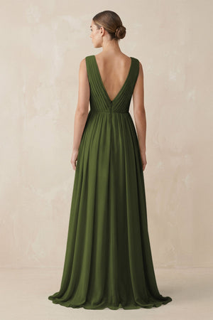 Deep V - Neck Pleated A - Line Chiffon Bridesmaid Dress in Olive - SHE IS ME Bridesmaid Dresses