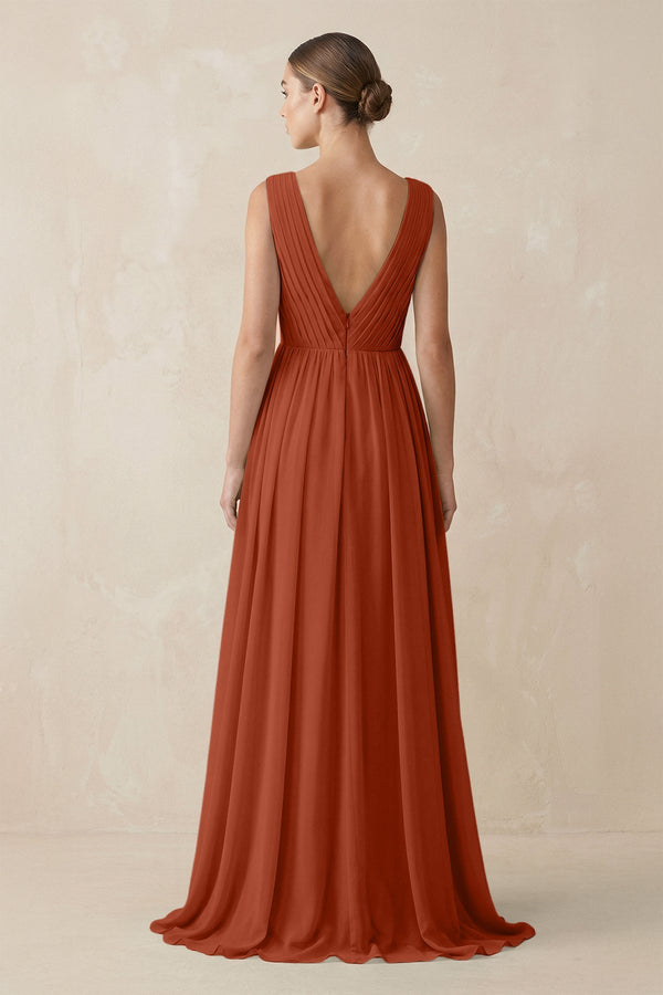 Deep V - Neck Pleated A - Line Chiffon Bridesmaid Dress in Spice - SHE IS ME Bridesmaid Dresses