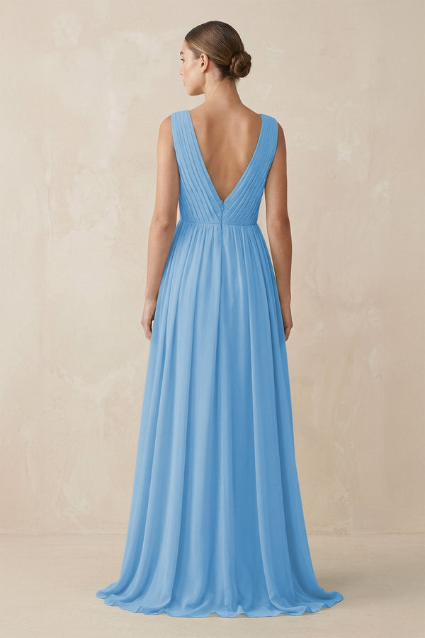 Deep V - Neck Pleated A - Line Chiffon Bridesmaid Dress in Steel Blue - SHE IS ME Bridesmaid Dresses
