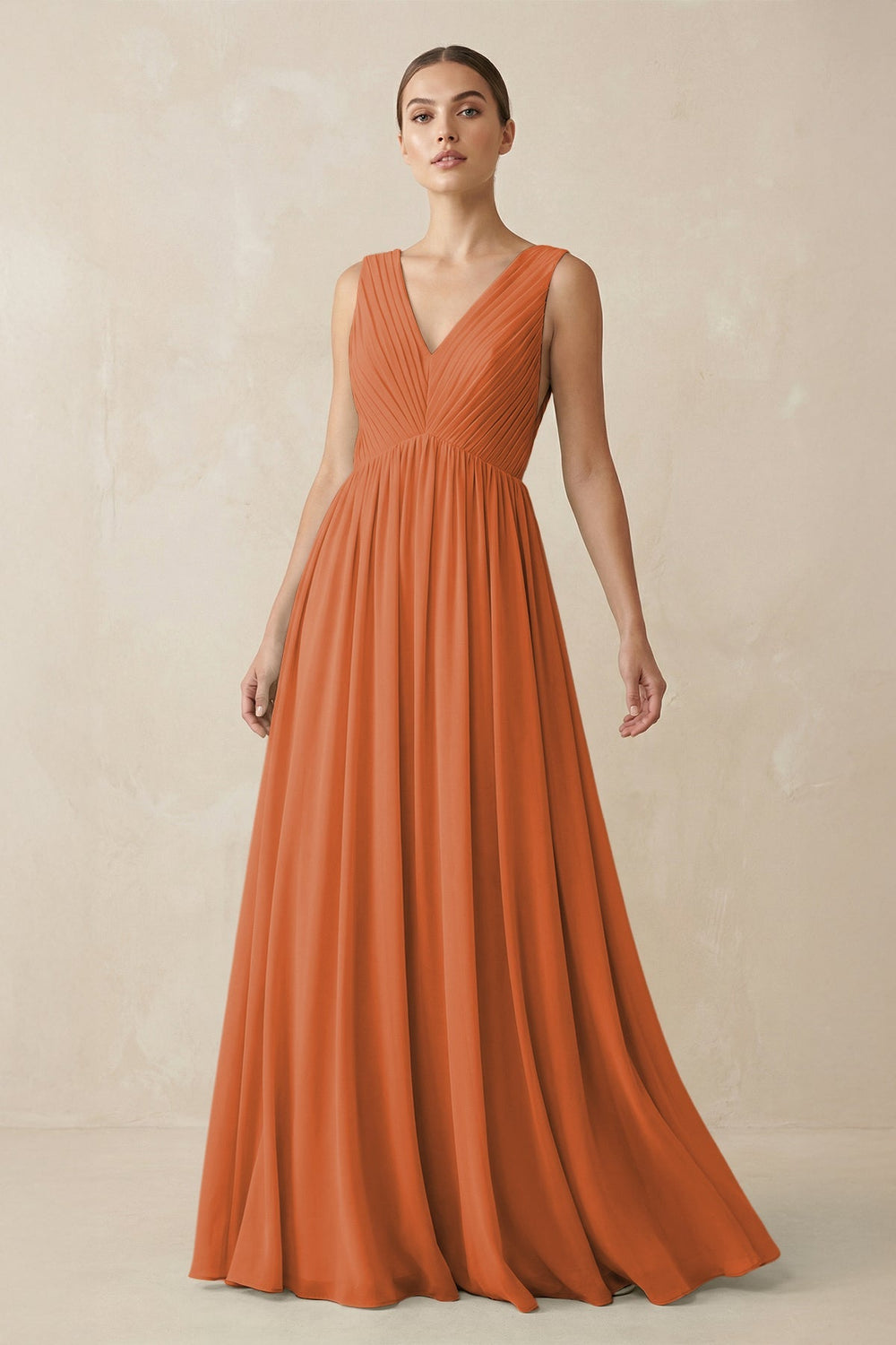 Deep V - Neck Pleated A - Line Chiffon Bridesmaid Dress in Terracotta - SHE IS ME Bridesmaid Dresses