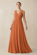 Deep V - Neck Pleated A - Line Chiffon Bridesmaid Dress in Terracotta - SHE IS ME Bridesmaid Dresses