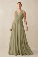 Deep V - Neck Pleated A - Line Chiffon Bridesmaid Dress in Thyme - SHE IS ME Bridesmaid Dresses