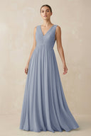 Deep V - Neck Pleated A - Line Chiffon Bridesmaid Dress in Twilight - SHE IS ME Bridesmaid Dresses